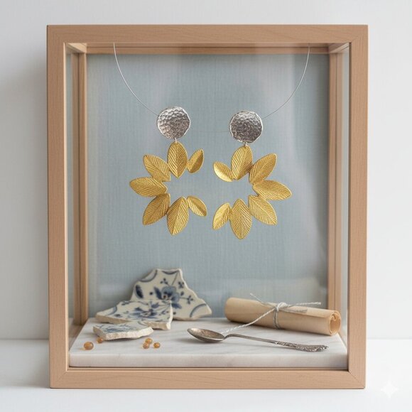 Turkish Stunning Handmade Artisan 18K Gold Plated Brass Fine Leaf Earrings - Picture 7 of 11